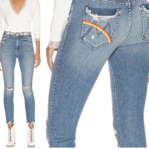 MOTHER Blue Skinny Jeans with Rainbow Embroidery